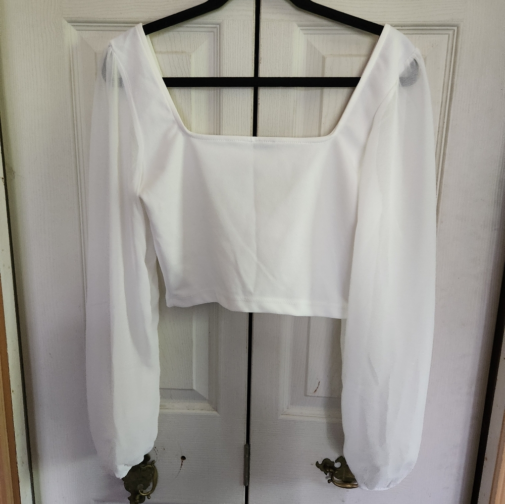 Womens Elegant White Sheer Sleeve Crop Top - Picture 8 of 10